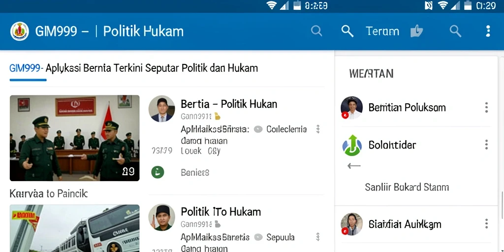 Antarmuka GIM999 menampilkan berita politik dan hukum terkini dengan desain yang menarik.