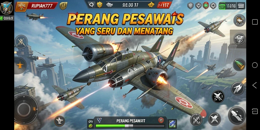 Screenshot RUPIAH777 menampilkan aksi pertempuran udara yang menegangkan.